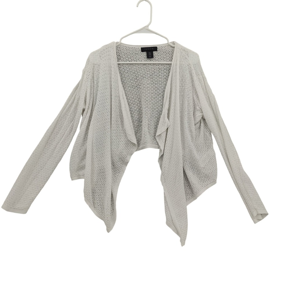 Tahari Women Coastal Airy Waterfall Open Knit Cardigan 1X White Draped Sharkbite